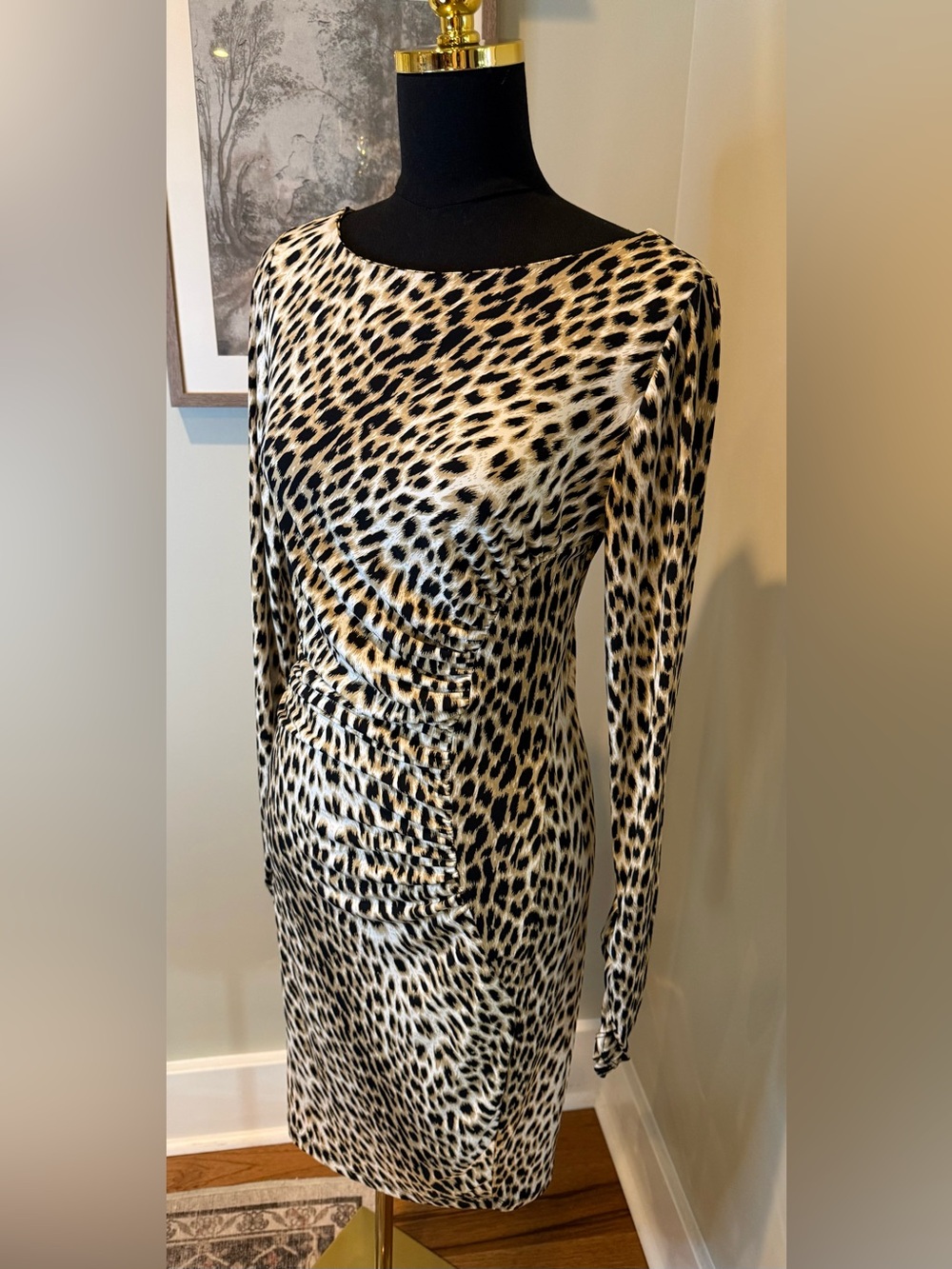 Carmen Marc Valvo Leopard Print Ruched Sheath Cocktail Dress Size M